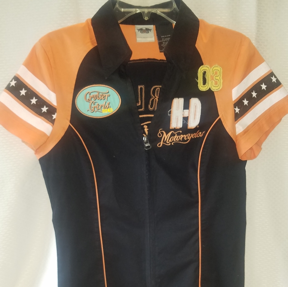 Woman zip up Harley Davidson collared shirt